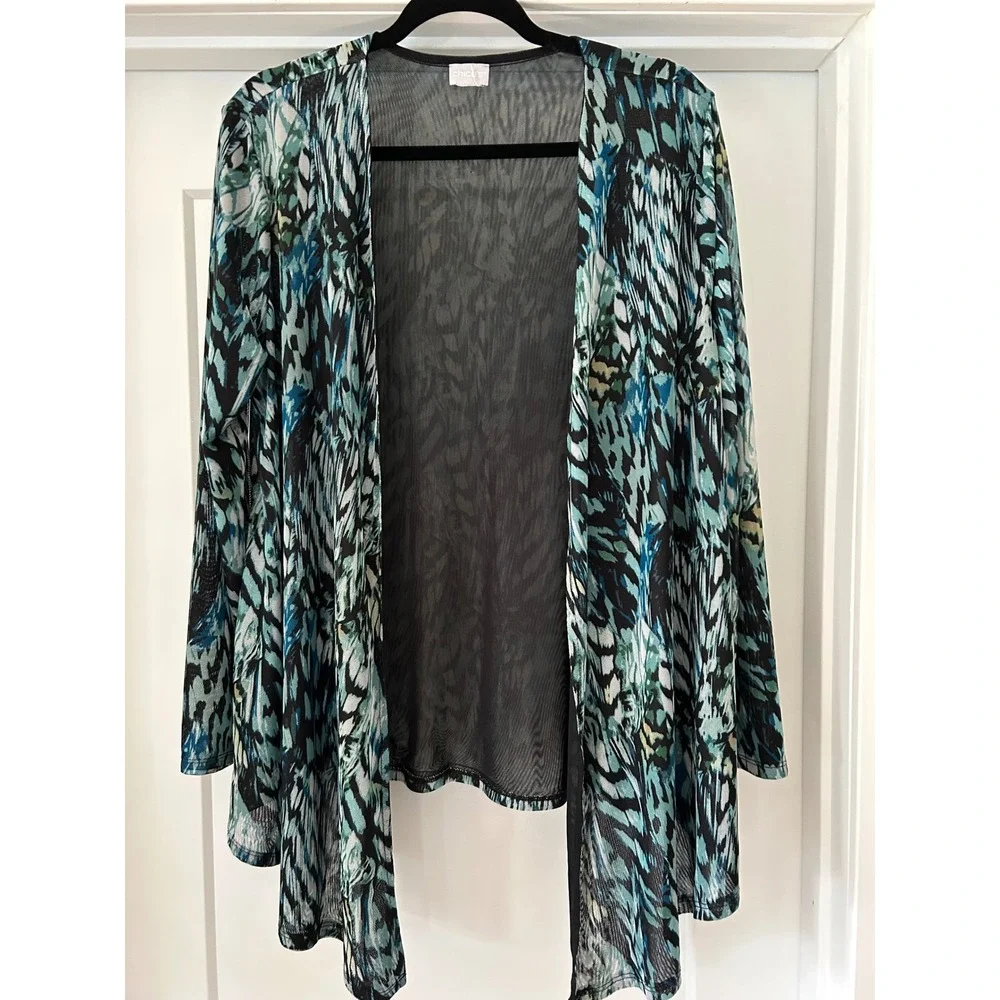 Chicos Mesh Open Front Cardigan Blue Teal Abstract Print Long Sleeve Top M L